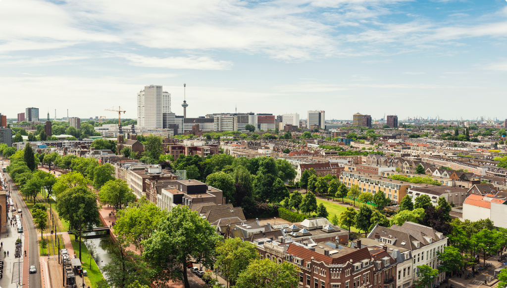 Luchtfoto van groene wijk in stadscentrum